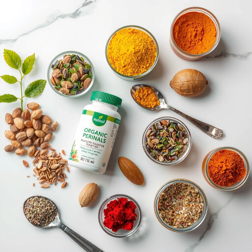 Close-up of premium natural ingredients with detailed labeling and certification badges